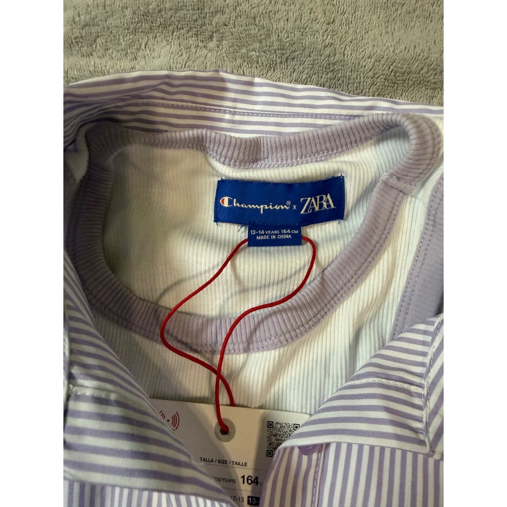 NWT Zara x Champion Girl 13-14 Button Long Sleeve Tank Purple White Ribbed Prep - Picture 3 of 7